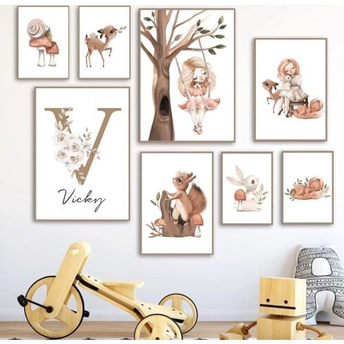Custom Baby Name Poster Personalized Girl Room Wall Art Print Cartoon Canvas Painting Rabbit Deer Fox Mushroom Pictures Decor