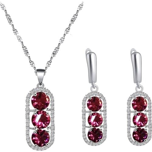 Fashion new silver plated rose red zircon earrings necklace pendant jewelry set classic party gift JS847