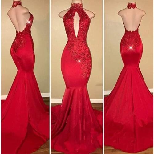 Red Royal Blue Satin Mermaid Evening Dresses Sexy Backless Halter Prom Dress Appliques Beads Long Women Special Occasion Gowns