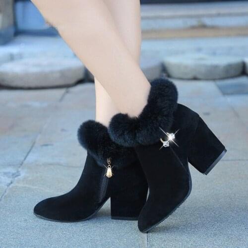Fashion Boots Women Fur Winter Warm Pointed Ankle Boots Sexy Rhinestone Decoration Zipper Women Boots Comfortable Female Shoes
