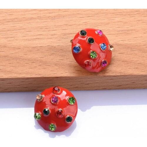 Fashion Red Enamel Metal Round Stud Earrings Women Simple Inlay Colorful Rhinestone Earrings Jewelry Accessories Female