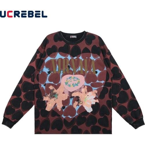 Heart Full Print Long Sleeve T-shirt Mens Autumn Crew Neck Cotton Tee Streetwear Casual Loose Tshirt Men