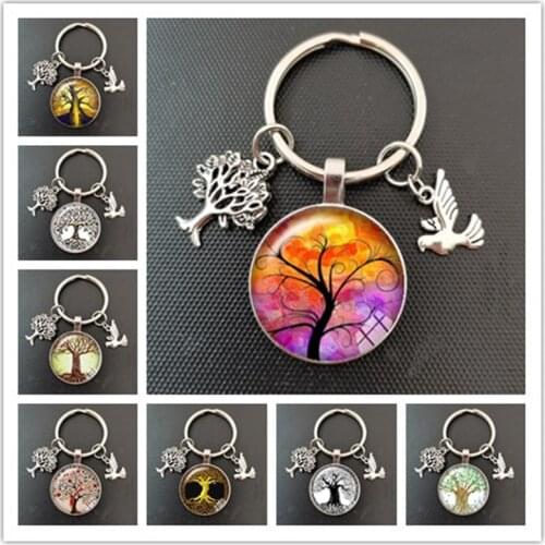 New Tree of Life Glass Keychain Little Bird Charm Pendant Keychain Tree of Family Gift Jewelry Charm Bag Souvenir Key Ring
