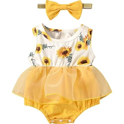 Baby Girl’s 0-24M Casual Sleeveless Romper Fresh Flower Mesh Yarn Stitching Jumpsuits and Headband