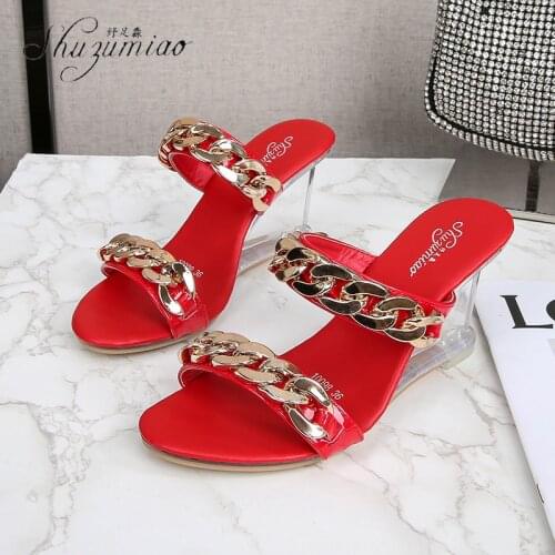 SHUZUMIAO Plus Size 42 43 Wedge Slippers Women Shoes Summer 2021 Open Head Metal Chain Design High Heels Slides Ladies Sandals
