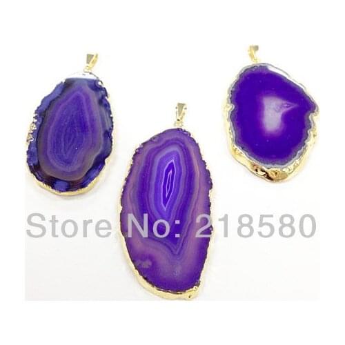SP-040 10pcs Purple Created Agates slice Pendant with Gold Electroplated