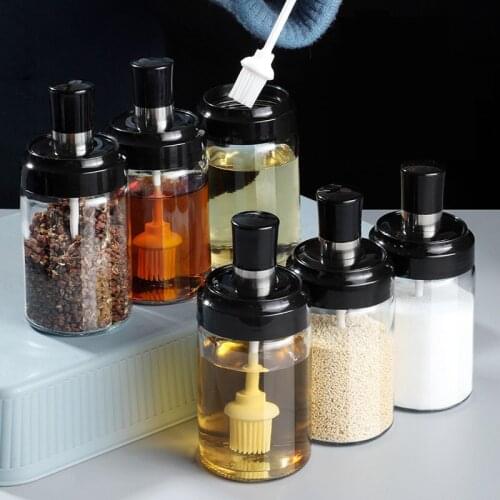 Glass Condiment Bottles Kitchen Spice Kit Bottles Pepper Spoon Box Seasoning Jars Oil Brush Honey Household Food Set Storage