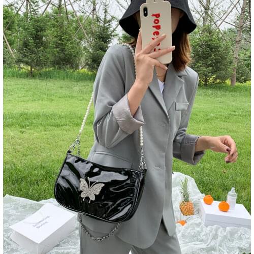 Diamond Butterfly Patent Leather Women Baguette Handbags Fashion Pearl Chain Women Crossbody Bag Vintage Armpit Shoulder Bags
