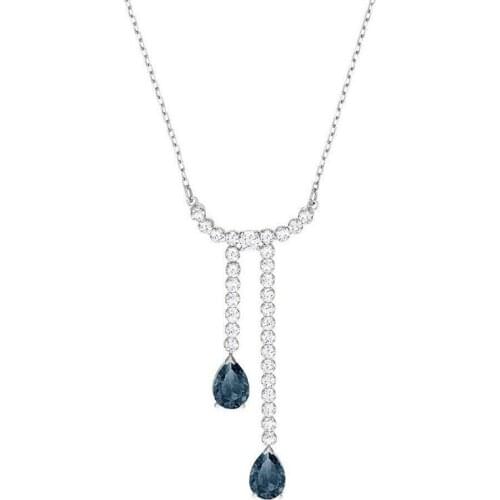 SWA 1:1 Elegant Retro Blue Water Drop Tassel Y-shaped Necklace Clavicle Chain Women