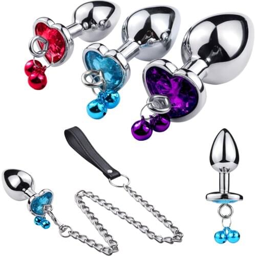 Traction Chain Purple Bell Anal Plug Metal Anal Beads Crystal Base Heart Shape Anus Expander Erotic Beads Butt Plug Sex toys