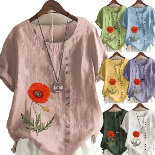 Womens Casual Floral Printed Linen Shirt Ladies Tops Round Neck Short Sleeved Plus Size T-Shirt Loose Graphic Blouse
