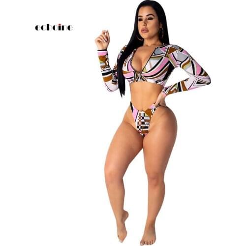 Echoine Women Fashion Two Piece Set O-Neck Zipper Cardigan Crop Tops Sexy Briefs Irregular Printed Long Sleeve Sportswear Suits
