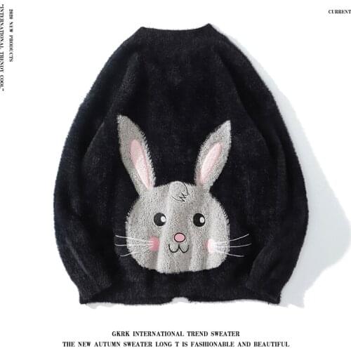 Autumn Winter Knitted Imitation mink Female Cardigan Loose Y2K Knit Sweater Coat Cute bunny Cartoon Print VNeck knitted cardigan