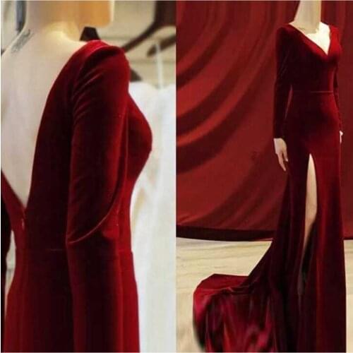 Women Burgundy Back Low-Cut Long Velvet Dress