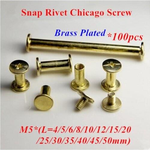 100pcs M5 Snap Rivet Chicago Screw sex bolt book binding post screw steel with brass plated M5*4/5/6/8/10/12/15/20/25/30/35-50mm