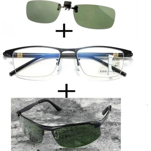 3Pcs!!! Progressive Far and Near Business Reading Glasses for Men Women + Polarized Sunglasses Alloy Round + Sunglasses Clip