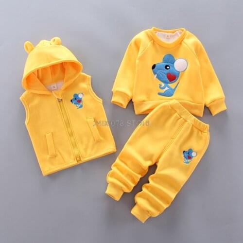 Baby girl clothing boy clothes Winter warm clothes bear cartoon printing plus velvet thick sweater hooded vest jacket 3pcs