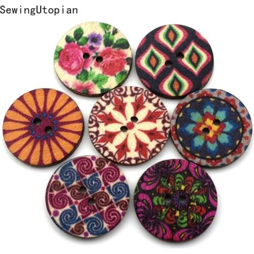 50PCS Retro Printing Round Wood Buttons Sewing Scrapbook Clothing Gifts Crafts Handwork Accessories 15MM 20MM 25MM