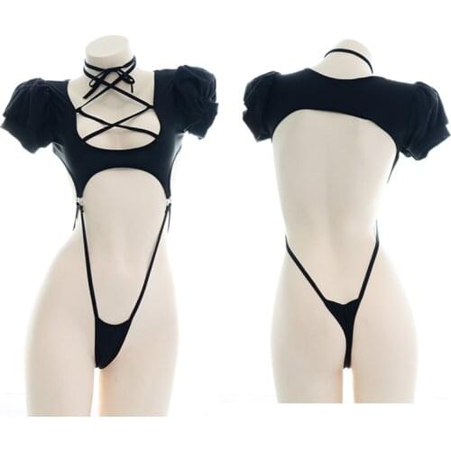 Anime Cosplay Jumpsuit JK Sukumizu Gothic Lolita Bondage Deep-V Neck Bodysuits Puff Sleeve Sexy Backless Set Bodycon Body Suit