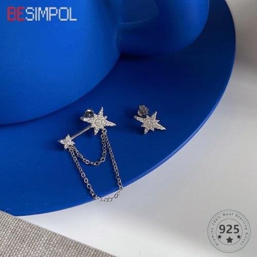 Besimpol Asymmetric 100% Real 925 Sterling Silver Stud Earrings Zircon Full Stars Earrings For Women Fine Jewelry Birthday Gifts