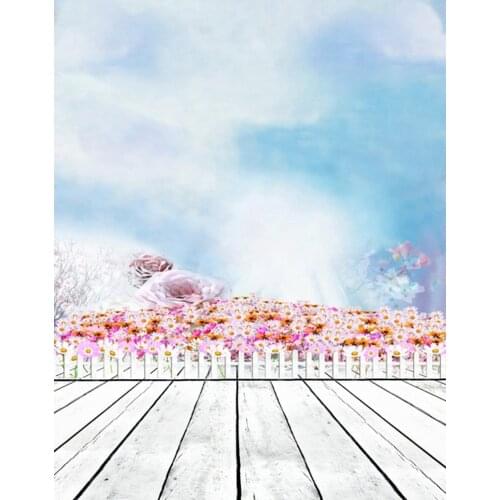 5x7ft Wooden Floor Flowers Blue Sky Photography Backdrops Photo Props Studio Background