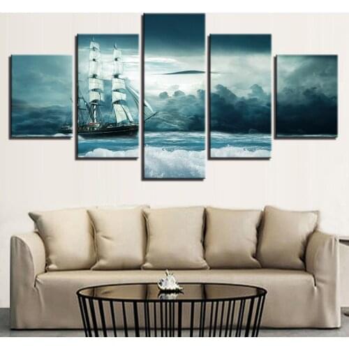 HD Printing Decor Living Room Paintings Wall Art 5 Pieces Ship Sea Waves Flower And Cloud Seascape Frame Pictures Modular Canvas