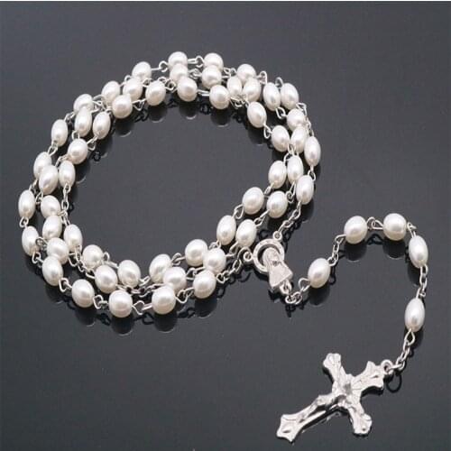 Catholic Crystal White Pearl Long Chain White Rosary Catholic Necklace Ladies Long Necklace Jesus Jewelry Gift