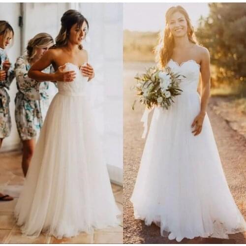 Sweetheart Lace Sexy White Tulle Beach Plus Size Wedding Dresses A-line Simple Cheap Bridal Gowns Country wedding Gowns