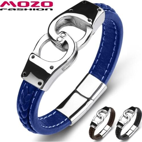Fashion Classic Men Leather Stainless Steel Charm Bracelet Personality Handcuffs Punk Jewelry Bangle Blue