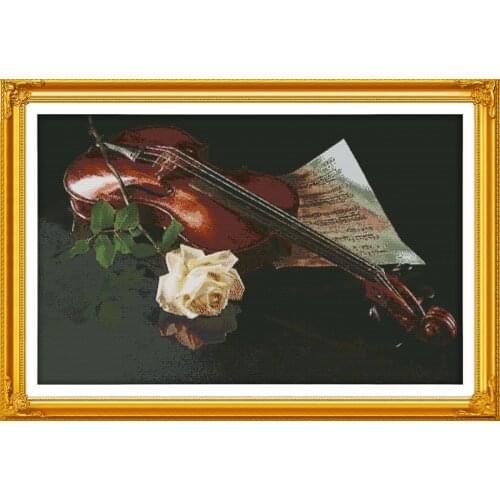 Violin and White Rose Cotton Canvas Cross Stitch Kits Accurate Printed Embroidery DIY Handmade Needle work Wall Home Decor