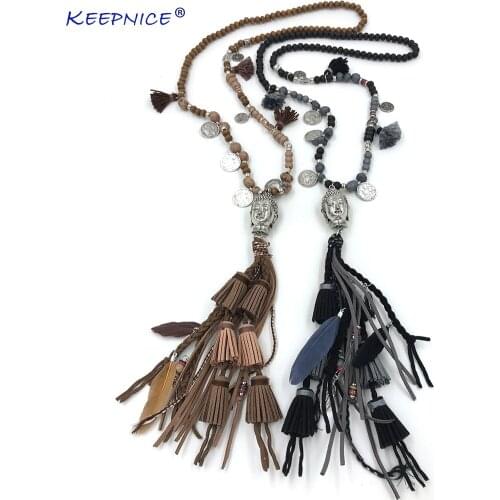 New vintage wooden beads long fringe tassel pendant necklace Indian Buddha pendent necklace Tibetan Buddhism ethnic necklace