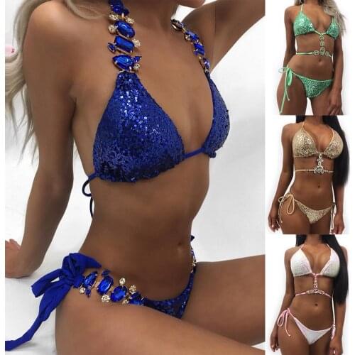 Sexy Women Gold Green Blue Monokini Push-up Padded Bathing Suit Brazilian Swimsuit Glitter Sequins Crystal Swimwear Bikinis Set
