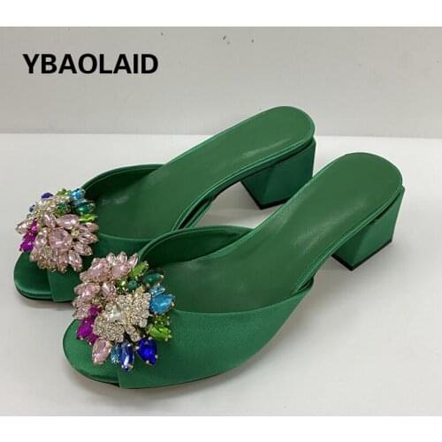 Silk Open Toe Colorful Crystal Flower Square Heel Slippers New Temperament Rhinestone Thick Heel High Heel Sandals and Slippers