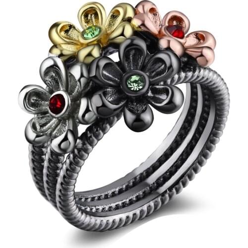 Special unique women rings irregular jewelry black gold plate Three tone flower crystal big cocktail ring for women