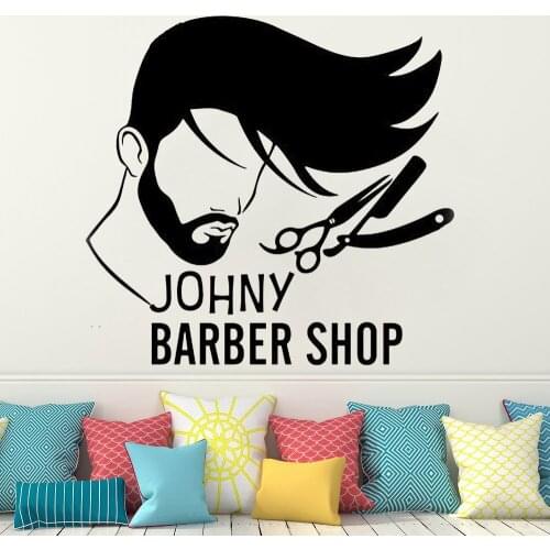 Vinyl Barber Wall Decal for Shop window Personalised Barber Shop Man Salon Haircut Beard Face Tools Logo Salon Sticker HY796