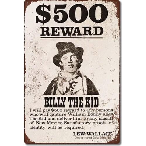 Funny Retro Wall Décor Tin Sign for Home 1878 Billy The Kid Wanted Poster Rustic Vintage Look Aluminum Metal Sign 8x12 Inch