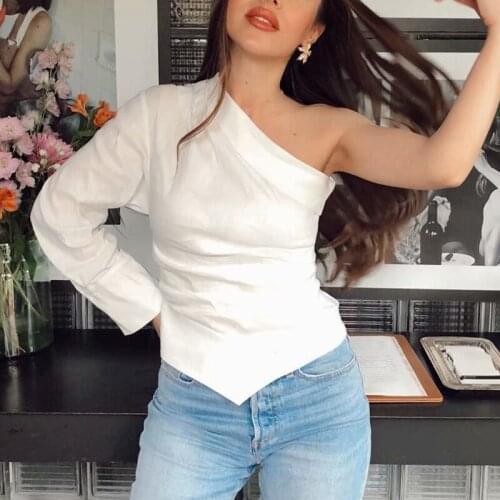 Hstar Sexy Solid Short Tops Women Blouses One Shoulder Irregular Long Sleeve Stylish Shirts Casual Blusas Mujer