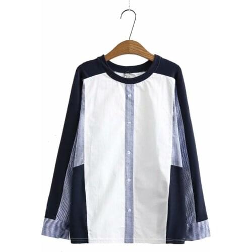 Plus size O neck cotton navy patchwork women loose long sleeve blouse 2021 new spring casual ladies pullovers shirts female tops