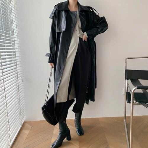 Korea Runway Designer 2021 Fall /Autumn leather Maxi Long Trench Coat With Belt Chic Female Windbreaker Classic