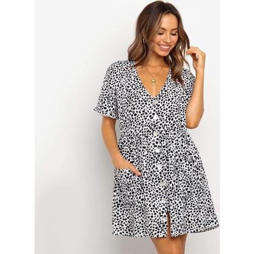 Casual leopard print summer women dress v ncek button animal print loose dress plus size white short dress vestidos 2020
