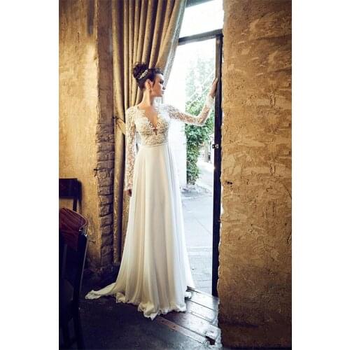 2018 Sexy Backless Beach V-Neck Lace Long Sleeve Chiffon Sweep Train Bridal Gown vestido de noiva mother of the bride dresses