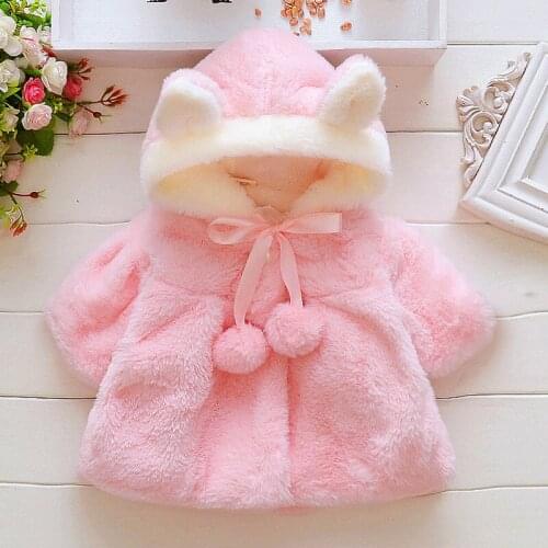 Winter Childrens Thick Clothes Girls Casual Cute Hooded Fur Ball Solid Color Warm Jacket 6 Months-3 Years Old