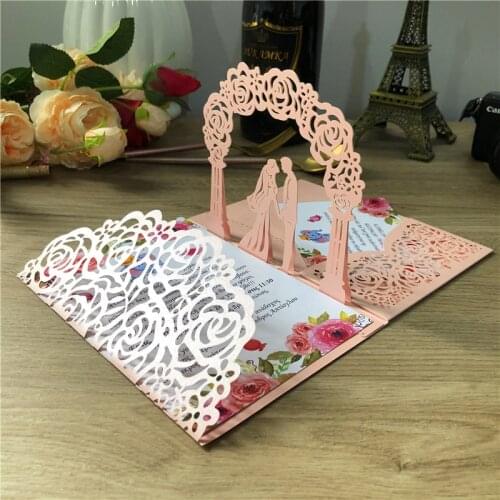 10pcs/lot 3D invite pocketfold Wedding invitation Cards three folded card laser cut pocket Greeting invitations cover party