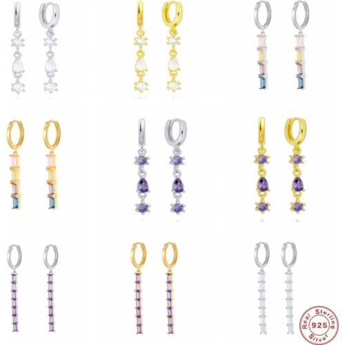 GS 925 Sterling Silver Purple Pink White Zircon CZ Tassel Pendant Dangle Earrings Luxury Crystal Charm Circle Drop Earrings