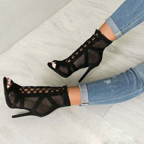 Fashion Woman Mesh Straps Patchwork Peep Toe Ankle Boots Cross-tied High Heel Summer Boots Woman Gladiator Outfit Booties