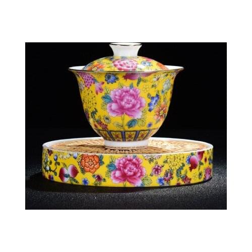 Jingdezhen Sancai tea cup ceramic kungfu tea set large enamel tea bowl