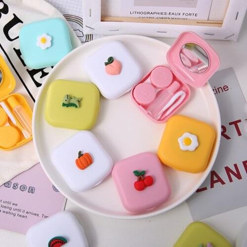 NEW Mini Square Contact Lens Case with Mirror Women Contact Lenses Box Cute Cartoon Fruit Eyes Lenses Case Container Travel Kit