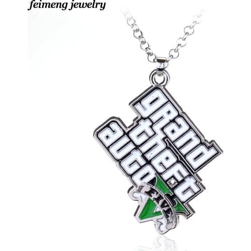 Classic Game GTA Necklace Grand Theft Auto Pendant Necklace For Men Fans Logo Necklaces Statement Long Chain Green Enamel Jewel