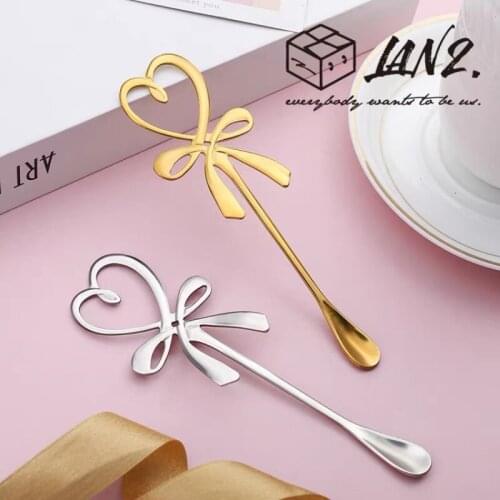 Long handle stainless steel spoon coffee spoon dessert spoon creative bow decoration tea spoon stirring spoon kitchen tableware