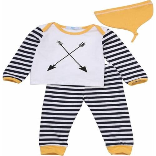 Summer Cute Infant Baby Girl Boy Striped Clothes Cotton Tops Long Sleeve T-shirt+Long Pants+Hat 3pcs Outfits Set